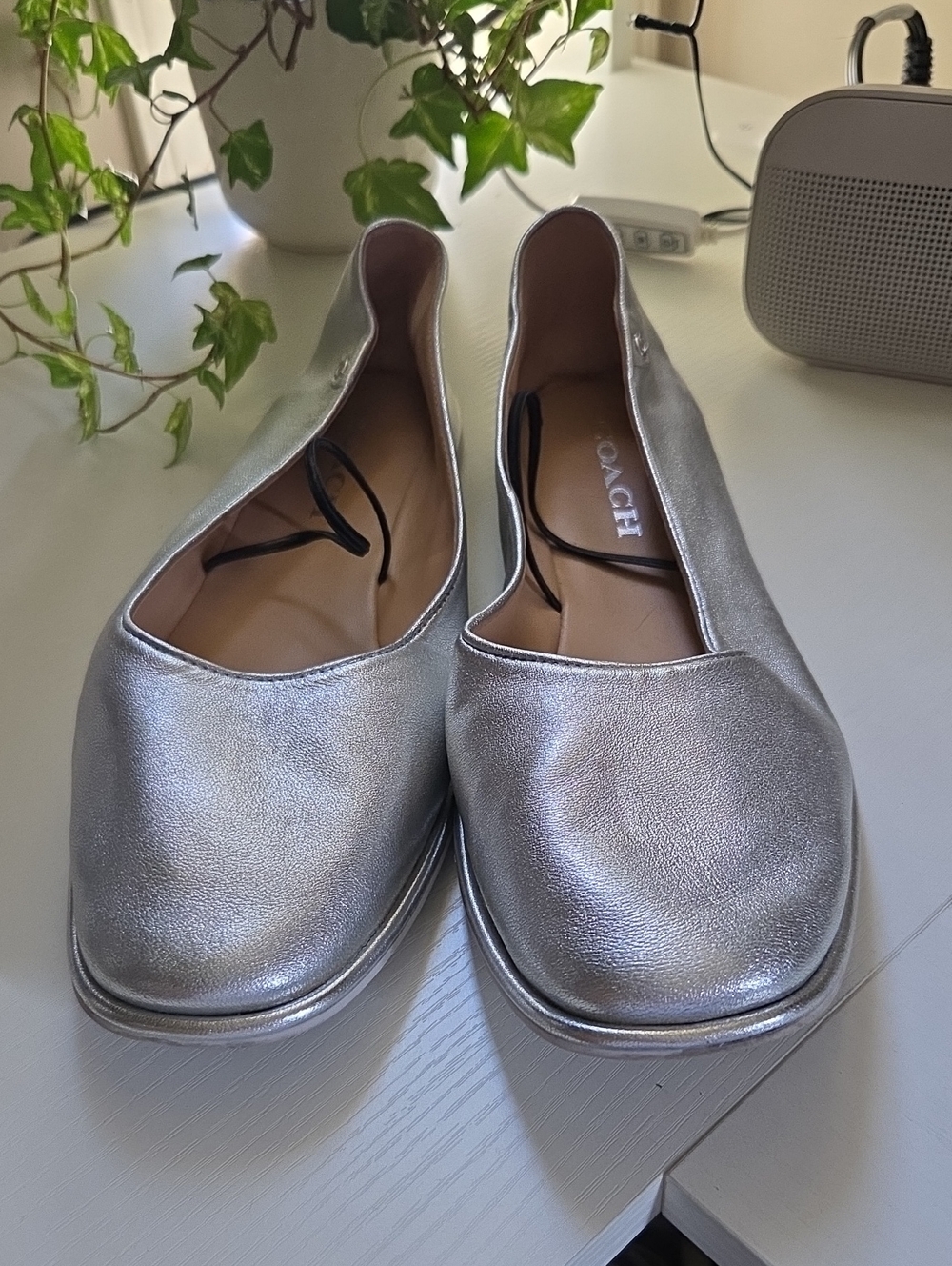 COACH Metallic Silver Leather Women's Slip-On Ballet Flats 9.5